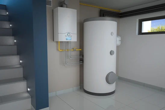 Local technique moderne avec chaudière murale blanche connectée à un ballon d'eau chaude sanitaire cylindrique